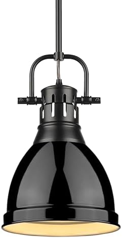 Golden Lighting- Duncan Small Pendant with Rod in Matte Black with Black- Pendant Lighting, Ceiling Light Fixture-3604-S BLK-BK