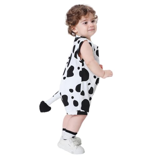 VISGOGO Baby Boy Romper Cartoon Animal Tail Sleeveless Jumpsuits Summer Clothes Toddler Onesie (White-cow 2-3 Years)