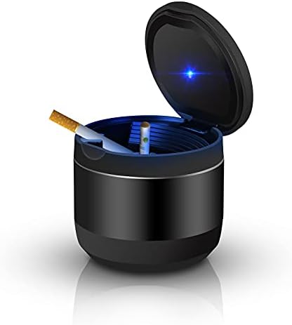 Car Ashtray, Detachable Portable Ashtray with Blue LED Light and Lid, Stainless Cigarette Ashtray for Vehicles Cup Holder Car Accessories or Indoor Outdoor Travel Use (Mini Size, Black)