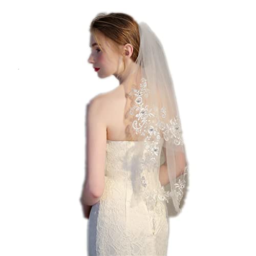 RULTA White/Ivory 2-Tier Wedding Veil Bridal Lace Appliqued veil Rhinestone Crystal Bridal Veil with Comb (White)