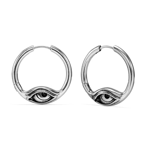 PUNKYOUTH Gothic Eye Hoop Earrings 925 Silver Post 18G (1 mm) Punk Alternative Statement Jewelry with Guardian & Drip Designs Halloween Witch Rock Gift for Women Men