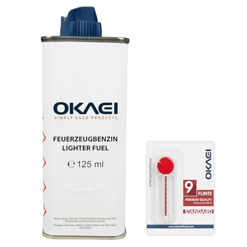 OKAEI Feuerzeugbenzin Set 125 ml + 9 Feuersteine – Hochreines Benzin für Feuerzeuge & Stabfeuerzeuge – Universelle Feuerzeugflints – Saubere...