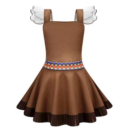 Native Style Girls Dress Brown Pattern Printed Flutter Square Neck Flounce Hem Casual Party Dress2