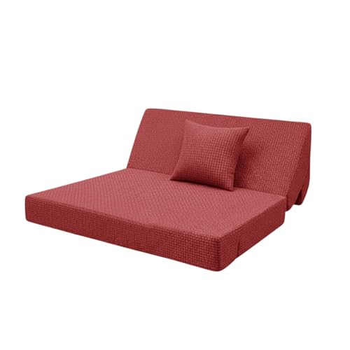 Image of Modern Jute Fabric Sofa Cum Bed with Cushion | 1-Seater Convertible Sleeper Sofa | Space Saving Folding Couch for Living Room, Bedroom & Guest Room-Red