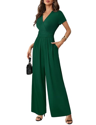 Women Dressy Casual Jumpsuits Elegant High Waist Side Ruched Romper Summer Short Sleeves Wide Leg Pants