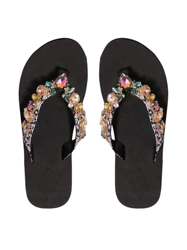 OYOANGLE Women's Rhinestone Jeweled Platform Flip Flops Boho Sparkly Wedge Thong Sandals Trendy Outdoor Slippers