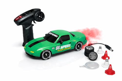Image of 1:24 RC Drift Car 4WD, 20km /h Remote Control Car with Smoke Effect, Pop-Up Headlights, LED Lights, Drift Tires, Rechargeable Toy Car for Kids & Adults (Green)