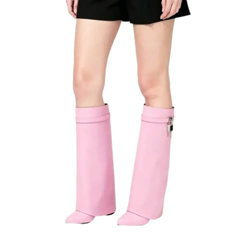 Image of keleimusi Fold Over Wedge Boots Heeled PadLock Pant Knee High Shoes Tall /Short Booties