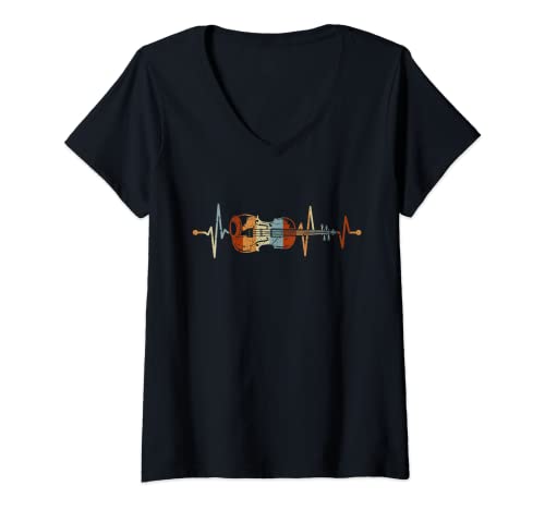 Mujer Violín retro latido del corazón orquesta músico violinista Camiseta Cuello V