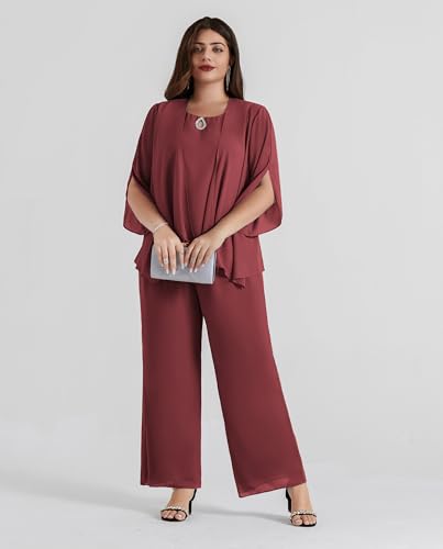 Hanna Nikole Damen Hosenanzug Abendanzug Sets Chiffon Damen Set Elegant Hosenanzug Bluse + Weites Bein Hose Sommer Herbst Outfit Casual Jujuberot 50