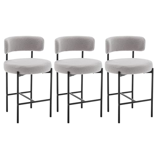 Image of Cinxzar Boucle Bar Stools Set of 3, Grey Counter Height Bar Stools with Backs, Modern Barstools for Kitchen Island, Pub, Club