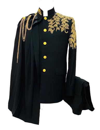 African 3 Pieces Suit Gold Embroidered Beaded Tuxedo Set Slim Fit Prom Party Jacket Pants with Detachable Cape