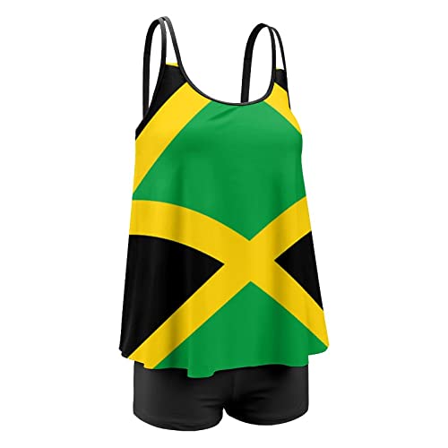Jamaican FlagWomen's Plus Size Two Piece Flowy Bikini with Shorts High Waisted Tummy Control3