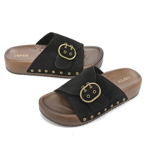 Image of UBFEN Womens Platform Slide Sandals | Real Leather,Buckle Sandals with Cushioned Flatform Footbed,Comfortable for Walking,Arch Support,Casual Styling
