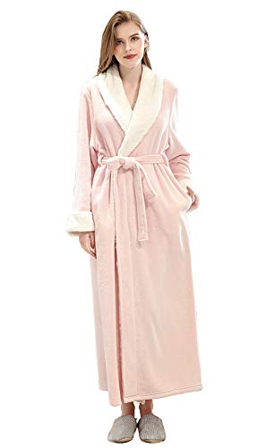 FEOYA Women Fleece Robe with Side Pockets - Luxurious Super Soft Plush Bathrobe - Thicker Warm Fuzzy Flannel Spa Long Robe Pink