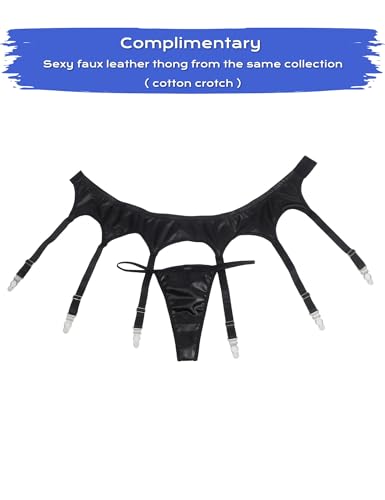 ohyeah Black Faux Leather Garter Belts 6 Strap Metal Clip Suspenders for Thigh Highs Stockings (with Sexy G-String Thongs)4