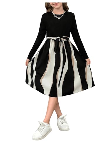 SweatyRocks Girl's Striped Dress Color Block A Line Crewneck Long Sleeve Dresses with Belt4