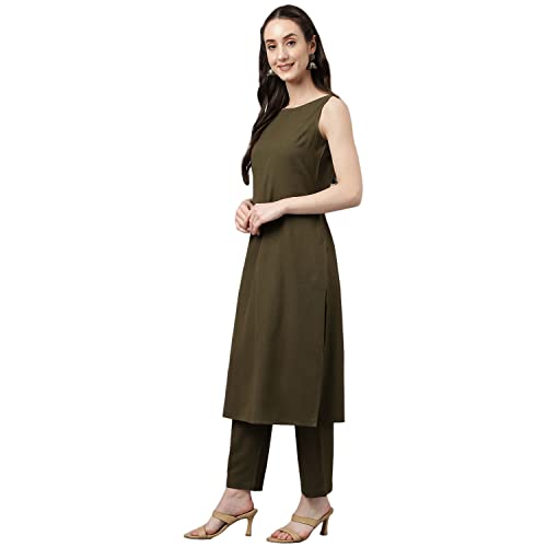Image of FIORRA Women's Olive Green Rayon Straight Kurta with Pant
