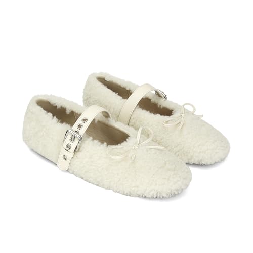Fur Ballet Flats with Buckle for Women Comfy Faux Shearling Mary Jane Flats Adjustable Strap Ballerina Flat Shoes Causal Daily Dress Shoes