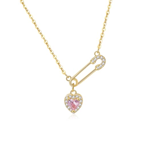 Image of SILBERTALE 925 Sterling Silver Safety Pin Necklace Pink Heart Pendant Necklace Gold Choker Necklace for Women Paper Clip Pendant Fashion Jewellery
