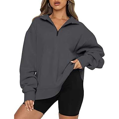 BTFBM Women Quarter Zip Long Sleeve Sweatshirt Collar Oversized Casual Lightweight Winter Fall Fashion 2022 Y2K Pullover, Solid Dark Grey, Medium Cover