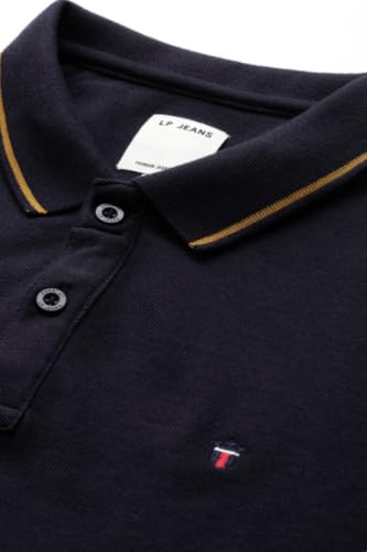 Image of Louis Philippe Men's Slim Fit Single-Tuck Pique Stylized Sleeve Print and Contrast Tipping Half Sleeve Solid Polo Tshirt