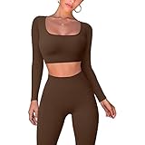 Workout Set Damen Lang Gerippt Jogginganzug Set Eng Stretch Langarm Sport Oberteile Bauchfrei Top + High Waist Sport Leggings Yoga Hose Sexy Gym Set Zweiteiler Outfit (A 01-Braun, S)