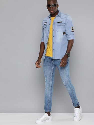 Image of The Indian Garage Co Men Slim Fit Solid Full Sleeves Cutaway Collar Double Flap Pocket Casual Denim Shirt