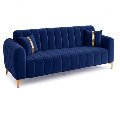 Image of FURNY Harmony 3 Seater Fabric Sofa Set & Golden Legs (Dark Blue) with Velvet Finish | Durable Comfort | Ideal for Living Room