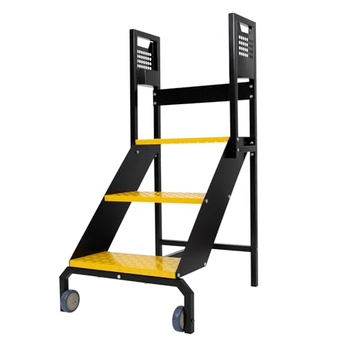 Image of biosp 3-Step Mobile Heavy Duty Ladder with Wheels, Long Handrails, 440lbs Rolling Non-Slip Stairs, Step Stool with Fence, Steel Stepladder for Garage, Factory, Warehouse, 21.7 inch Top Step Height