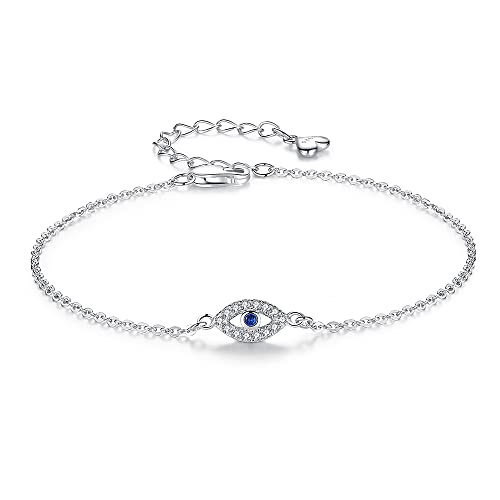 Image of Hamsa Evil Eye Bracelet 925 Sterling Silver Cubic Zirconia Anklet for Women Chain Adjustable 6.3in+1.6in