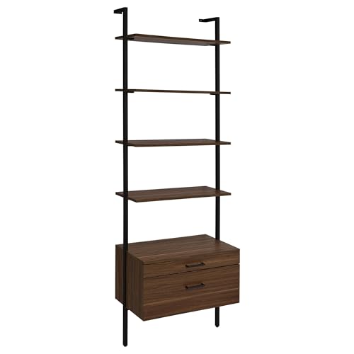 Coaster Home Furnishings - Owens - Wood and Metal - 96-Inch 4-Shelf Storage Wall Bookshelf with Ladder Design and 2-Drawer Lower Case - Home Office & Living Room - Walnut & Black - 980074