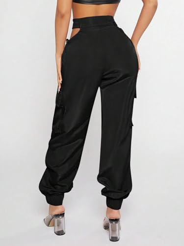 Womens Elastic Waist Cutout Waist Pocket Side Cargo Pants Knot Long Pant Trousers For Women2
