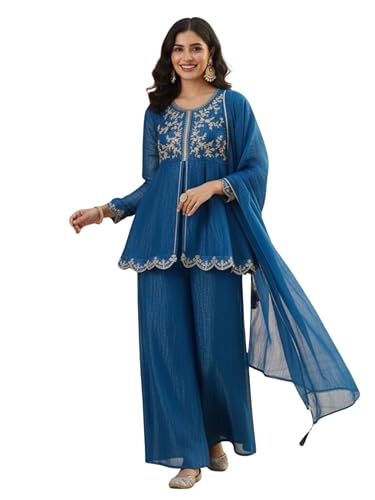 Image of MOKOSH Women's Silk Embroidered Peplum Kurta Sharara with Dupatta | Kurta Set | Ethnic Wear |Round Neck Full Sleeve Kurta | 3 Piece Outfit |Embroidered
