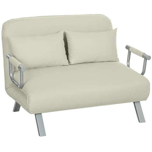 HOMCOM Sofá Cama de 2 Plazas 3 en 1 Sofá Cama Plegable Tapizado en Ante Sintético con Respaldo Ajustable de 5 Niveles y 2 Almohadas Acolchadas para Oficina Dormitorio Salón 111x80x78 cm Crema