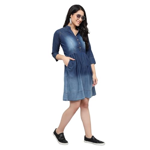 Image of Women Blue Solid Fit and Flare Dress Frock