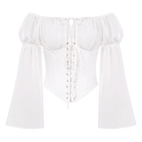 Scarlet Darkness Renaissance Shirt Women Lace Up Corset Top Off Shoulder Long Sleeve Peasant Blouses White