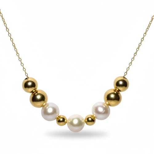 Add A Bead Necklace Chain w/ 3 Semi-Precious 8mm White Pearl Bead and 6 Decending 14k Yellow Gold Beads (Yellow Gold Filled Silver, 18.5, Inches)