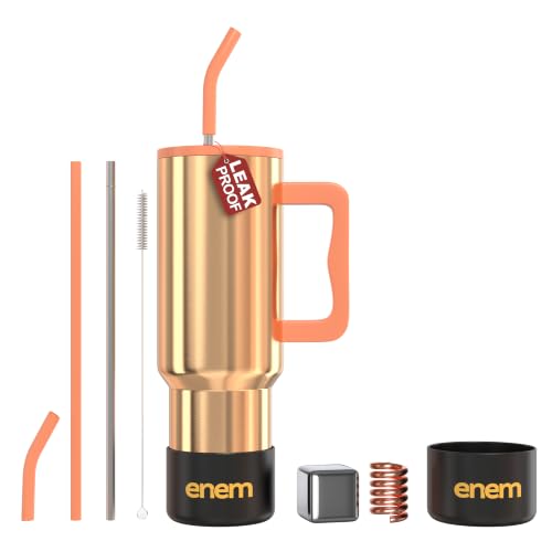 Image of enem Tumbler, Liquid Gold, Tumbler with Metal Straw, Sipper, with Lid Leak Proof, 1 Metal Ice Cube, 1 Copper Spring (Tamba), Base Protector, Mug Travel, 1.2L