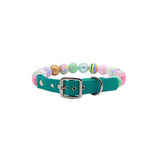 Adjustable Pet Collar For Small Medium And Large Dogs Beaded Silicone Dog Necklace Handmade Girl Bling Fancy Female Cats Pretty Pearls Perla Cute Rinbow Heavy Duty (Easter)