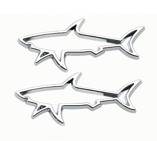 Image of 2pcs Metal Shark Logo Car Side Door Emblem Hollow Fish Badge Decal Sticker (Silver)