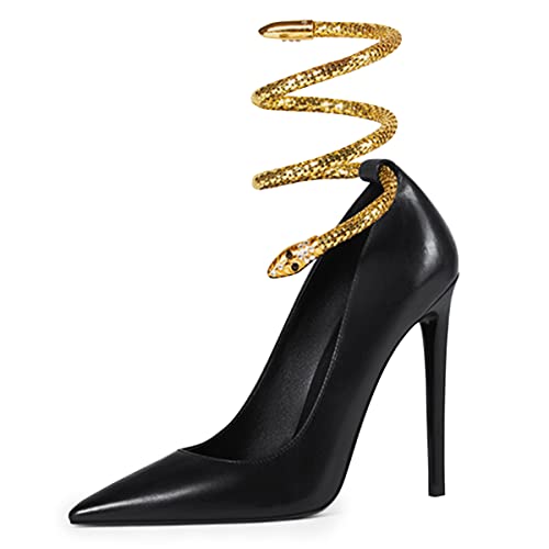 FSJ Women's Sexy High Heels Pointed Toe Stilletos Pumps with Gold Metal Snake Spiral Around The Ankle Heeled Dress Party Pumps Shoes Size 4-15 US3