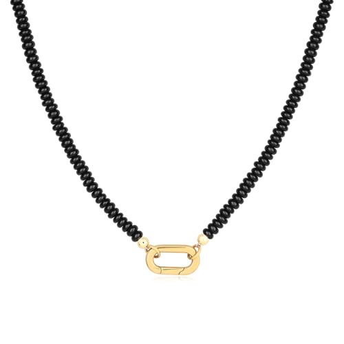 SAMYA Charm Necklace for Women Natural Black Onyx Beaded Necklace for Women Minimalist Beaded Charm Necklace with Stainless Steel Gold-Plated Oval Clasp 18 Length