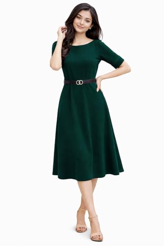 Image of Women's Elegant Midi Dress with Belt | Half Sleeve Fit & Flare Casual Dress | Knee Length Office Party Western Dress for Women