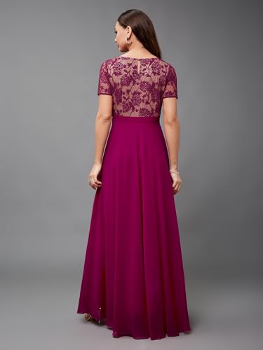 Image of Miss Chase Women's V-Neck Full Sleeve Self Design Lace-Overlaid Georgette Maxi Dress