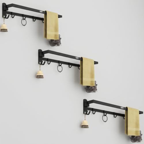 Image of Gloxy Premium 24 Inch Towel Holder in Bathroom with Hooks Combo Pack of 3 - Stainless Steel With Black Matte Finish Towel Rod for Bathroom - Rust Resistant Bathroom Clothes Holder - Bathroom Accessory