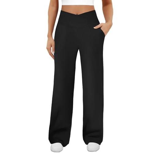 DLOODA Womens Wide Leg Yoga Pants Crossover Work Dress Pants Lounge Sweatpants Casual Trousers with Pockets Black Large