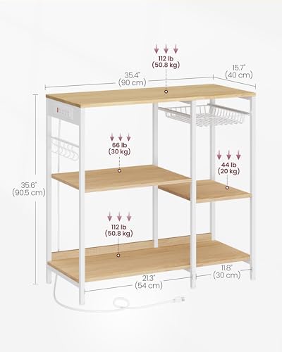 Image of VASAGLE Baker's Rack, Coffee Bar Stand with Charging Station, 35.6 Inches Tall, Storage Shelves, Pull-Out Wire Basket, Table for Microwave, Kitchen, Oak Beige and Ink Black UKKS036Y09