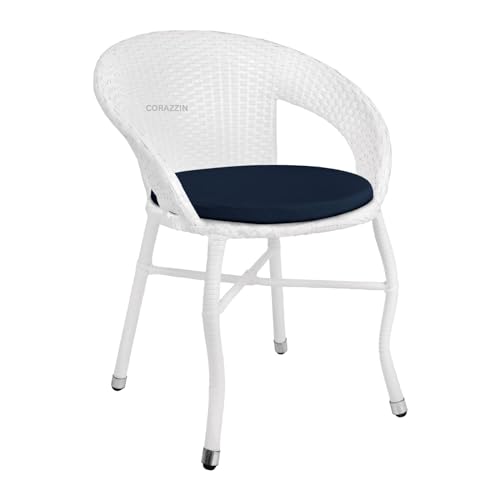 Image of Rattan Wicker Garden Patio Seating Chair and Table Set for Outdoor Balcony Garden Coffee Table Set Furniture with 1 Table and 2 Chair with Blue Cushion (White)