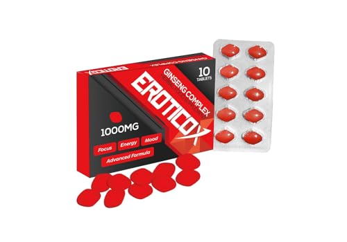 EROTICOX RED 1000mg | Stronger | Longer | Harder | Performance | Extra Strength Enhancing Pills Stamina Endurance Booster Supplement Pills for Men | 10 Ginseng Tablets